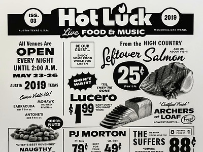 Hot Luck Music Lineup Poster ad custom french paper grocery store lettering numerals one color poster screenprint type typography vintage