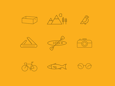 Into The Wild - Icon Set bike bird camera fish glasses iconography icons illustration kayak knife mountains