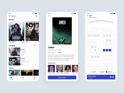 Movie Ticket Booking App app blue book booking design mobile movie movie ticket onboarding ticket trailer ui video