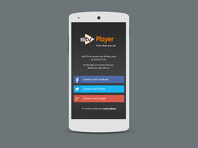 New Player App landing page dark facebook google plus orange pattern player registration roboto social stv player texture twitter