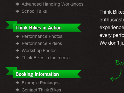 Think Bikes in Action green header list menu ribbon texture