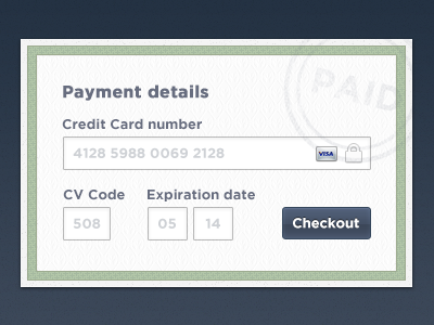 Freebie – Checkout Form button card checkout credit design details green icons modal number paid pay payment stamp texture typo ui window