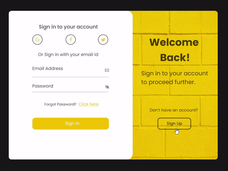Sign In/Sign Up Form Daily Ui Day 1 001 animation black dailyui dailyuichallenge design figma login form prototype sign in form sign up form trending ui ui challenge ux yellow