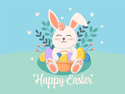 Easter Illustration for Greeting Card bunny butterfly cartoon cute design easter bunny easter bunny illustration graphic design happy easter illustration postcard rabbit spring vector
