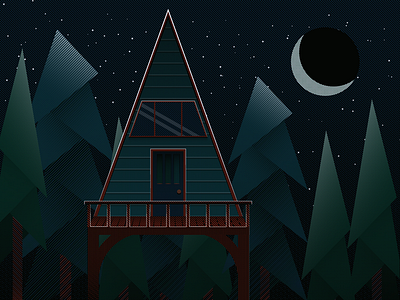 A-Frame Cabin at Night artwork cabin dark design evergreen forest house illustration illustrator moon night stars