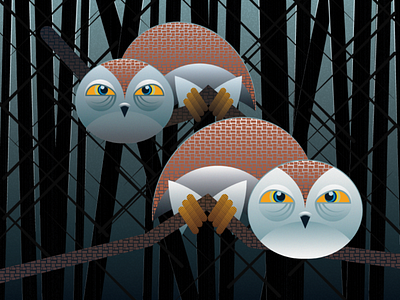 Sleepy Snowies animal artwork bird branches illustration illustrator moonlight nature night owl texture trees