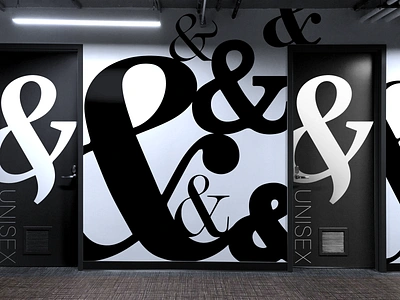 Office Interior Wall with Gender Neutral Restrooms ampersand bathroom design gender interior design monochromatic office space restroom typography unisex wall art