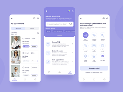 Medical application for patients with special needs - part 2 app appointment dailyui design health health tracker medical medical app minimal pastel purple simple ui ux
