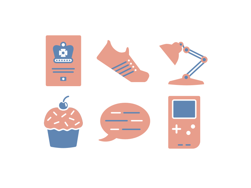 Updated Hobbies cupcake design gameboy icons illustration lamp passport sneakers