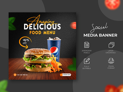 Delicious food menu and restaurant social media banner