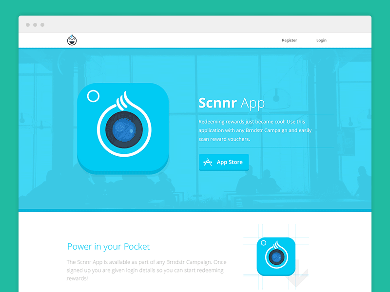 Scnnr App Landing Page app blue brndstr camera flat flat icon icon ios one page redeem ui