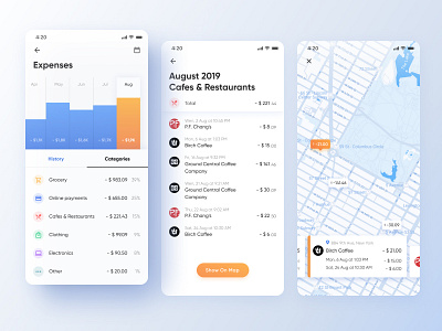 Banking App app banking blue cards categories design expenses finance ios light manager map new pin shadow total ui ux web white