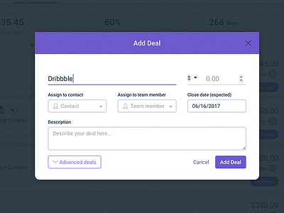 New Deal Modal for Tubular crm deals design forecasting leads reports saas sales teams ui ux