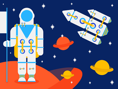 First Man illustration planets space spaceman spaceship stars