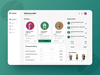 Starbucks Dashboard beans branding coffee dashboard flat graphic design green history layout manging starbuck tracking transaction ui