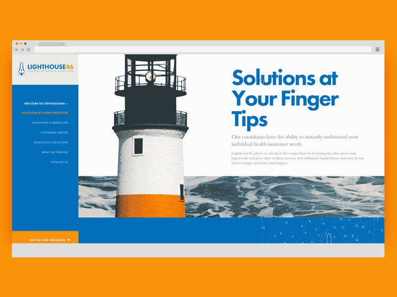 Lighthouse46 – One Page Web Lander 1920 blue fixed full screen insurance orange scrolling typographic web