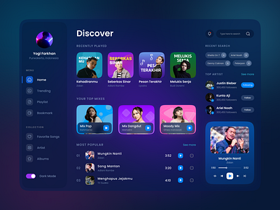 Music App - Dashboard app bold branding clean dark mode dashboard dekstop design gradient minimal minimalist music platform play playlist ui uiux ux website widgets