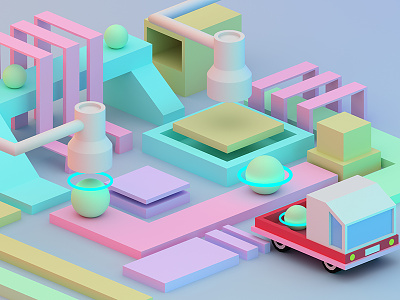 Low Poly Factory 3d abstract colors cute illustration
