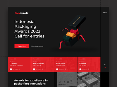 Packawards - Packaging Awards Website award awards black clean dark dark mode dark ui desktop landing page package packaging red ui ux website