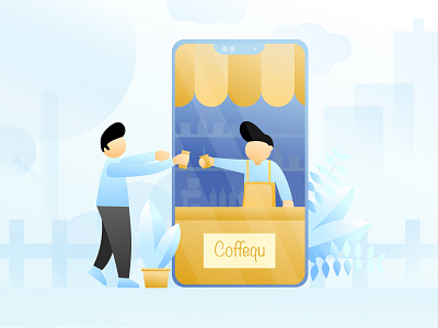 Coffequ App Illustration blue branding buy coffee coffeeshop design ecommerce app flat flat design illustration sell selling vector