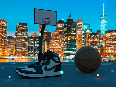Air Jordan 3D NYC 3d 3d environment 3d scene air jordan basketball basketball court branding design manhattan night nike nyc skyline