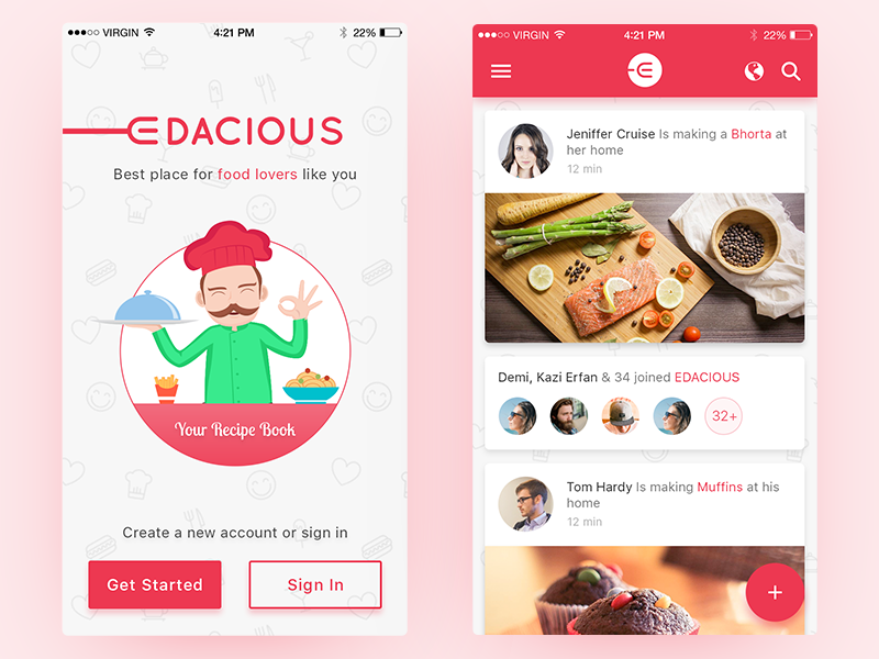 Edacious app design material design get started launch screen news feed menu food app interaction design ux ui