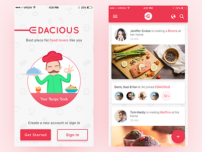 Edacious app design app feed food get started interaction design launch screen material design menu news ui ux