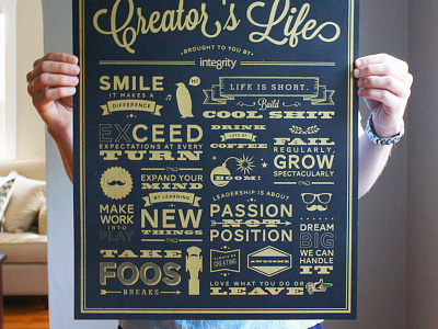 Rules of a Creator's Life Poster black branding distressed gold poster print screen print type typography vintage