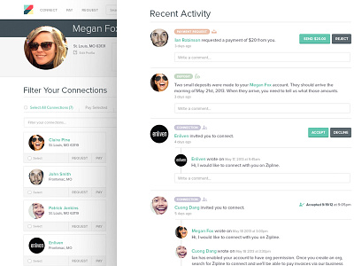Zipline Payment App application clean dashboard feed payment responsive simple social ui ux web app website