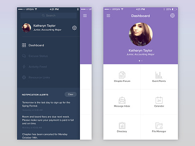 Dashboard and Menu app application flat ios iphone mobile navigation notch profile sidebar slide menu