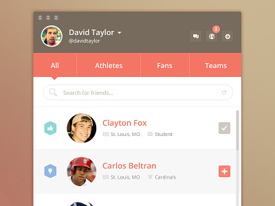 Search for friends list application athlete clean contact follow friend icon list notification profile search simple sports ui user widget