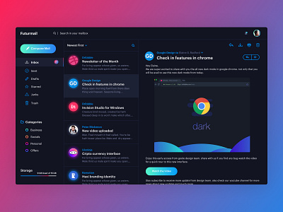 Email Client App chat dark interface dashboard design email email app gradient inbox mail client messenger minimal design trend 2018 typography ui ux user interface inspiration web application