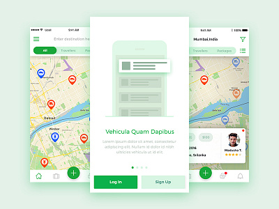 Green Travellers :) clean cool green mobile app ui travel walkthrough