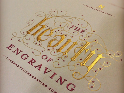 The Beauty of Engraving, BEING ENGRAVED branding engraving gold hand drawn type print swirls typography