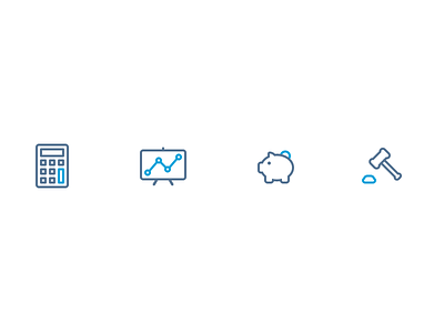 Icon Set WIP blue business calculator chat comment hammer light bulb line icons piggy bank scale tax