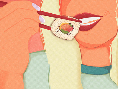 girl eating sushi illustration character illustration design digital illustration editorial editorial illustration food food illustration illustration procreate sushi vintage