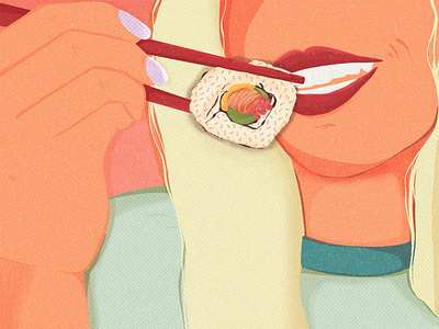 girl eating sushi illustration