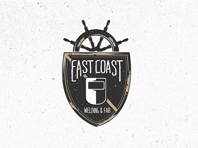 East Coast Welding black and gold brand crest icon logo nautical rough ship wheel welding