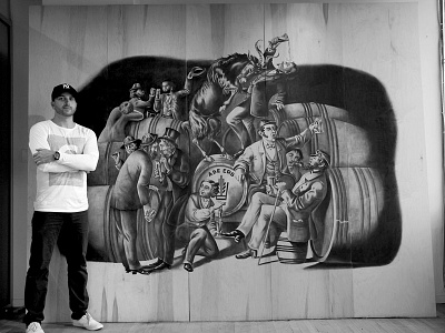 Abe Erb Brewery Mural charcoal drawing illustration maple mural wood