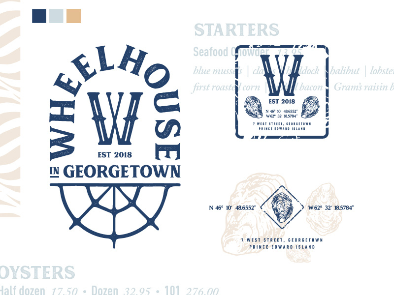 Wheelhouse Branding rustic ocean blue oysters pei canada restaurant logo branding nautical ship wheel