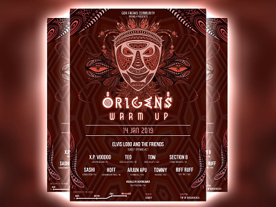 Origens WARM UP artwork ancient beach design digital fractal goa illustration india music origens party poster psychedelic psytrance tribal vector