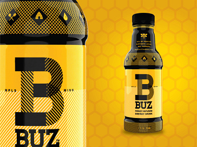 Buz Energy Drink bottle design branding energy drink honeybee honeycomb logo package design typography