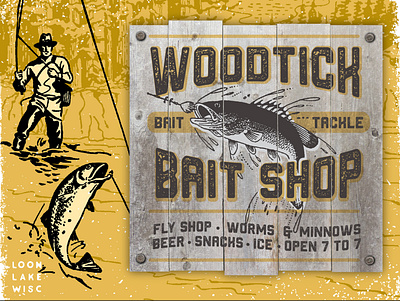 Woodtick Bait Shop branding cabin camping fishing lake lodge logo northwoods outdoors retro rustic signage typography