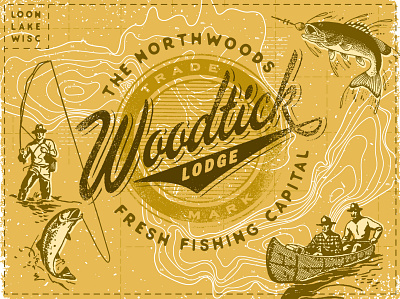 Woodtick Lodge Lake Map branding cabin camping canoe fishing lake lodge logo northwoods outdoors rustic typography