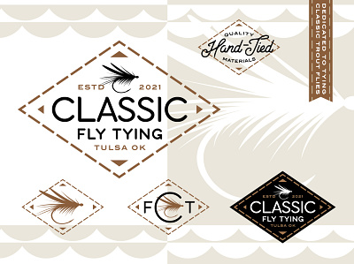 Classic Fly Tying logo concept. badge bait branding fishing logo outdoors trout typography