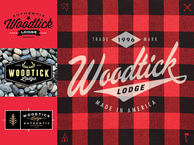 Woodtick Lodge Logos 3 branding cabin camping lake logo northwoods outdoors plaid rustic typography