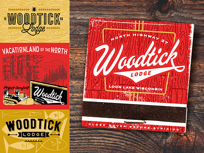 Woodtick Lodge Logos 7 branding cabin camping lake lodge logo matchbook northwoods outdoors resort rustic typography