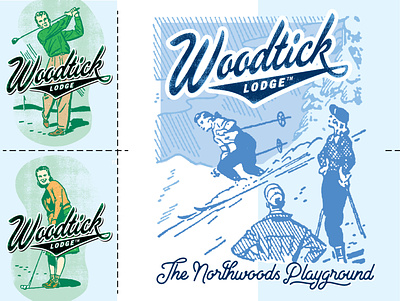 Woodtick Lodge Logos Dribble 14 branding cabin camping golfing lake lodge logo northwoods outdoors rustic skiing typography