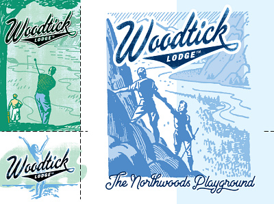 Woodtick Lodge Logos Dribble 15 branding cabin camping golfing hiking lake lodge logo northwoods outdoors rustic swimming typography