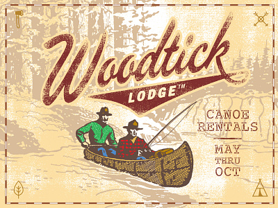 Woodtick Lodge Logos Dribble 15A branding cabin camping canoe fishing lake lodge logo nature northwoods outdoors rustic typography
